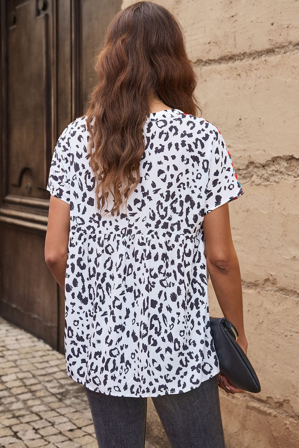 Leopard Patchwork V-Neck Tassel Blouse