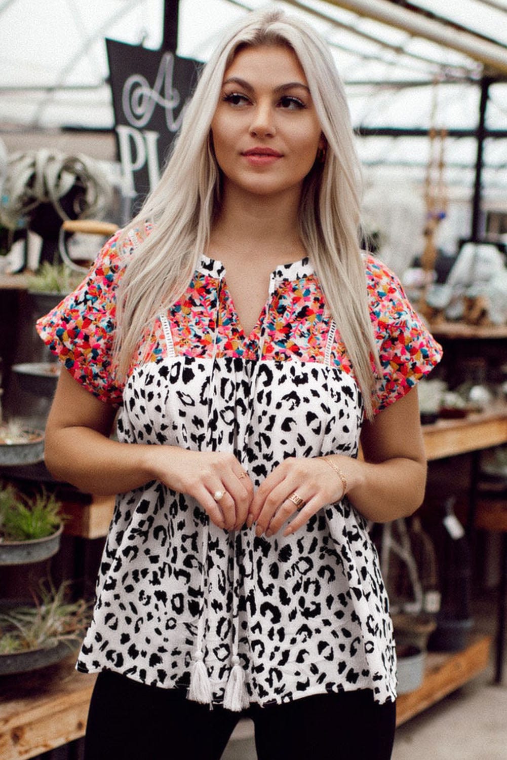 Leopard Patchwork V-Neck Tassel Blouse