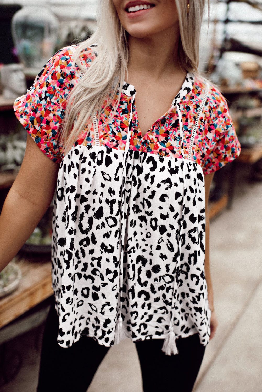 Leopard Patchwork V-Neck Tassel Blouse