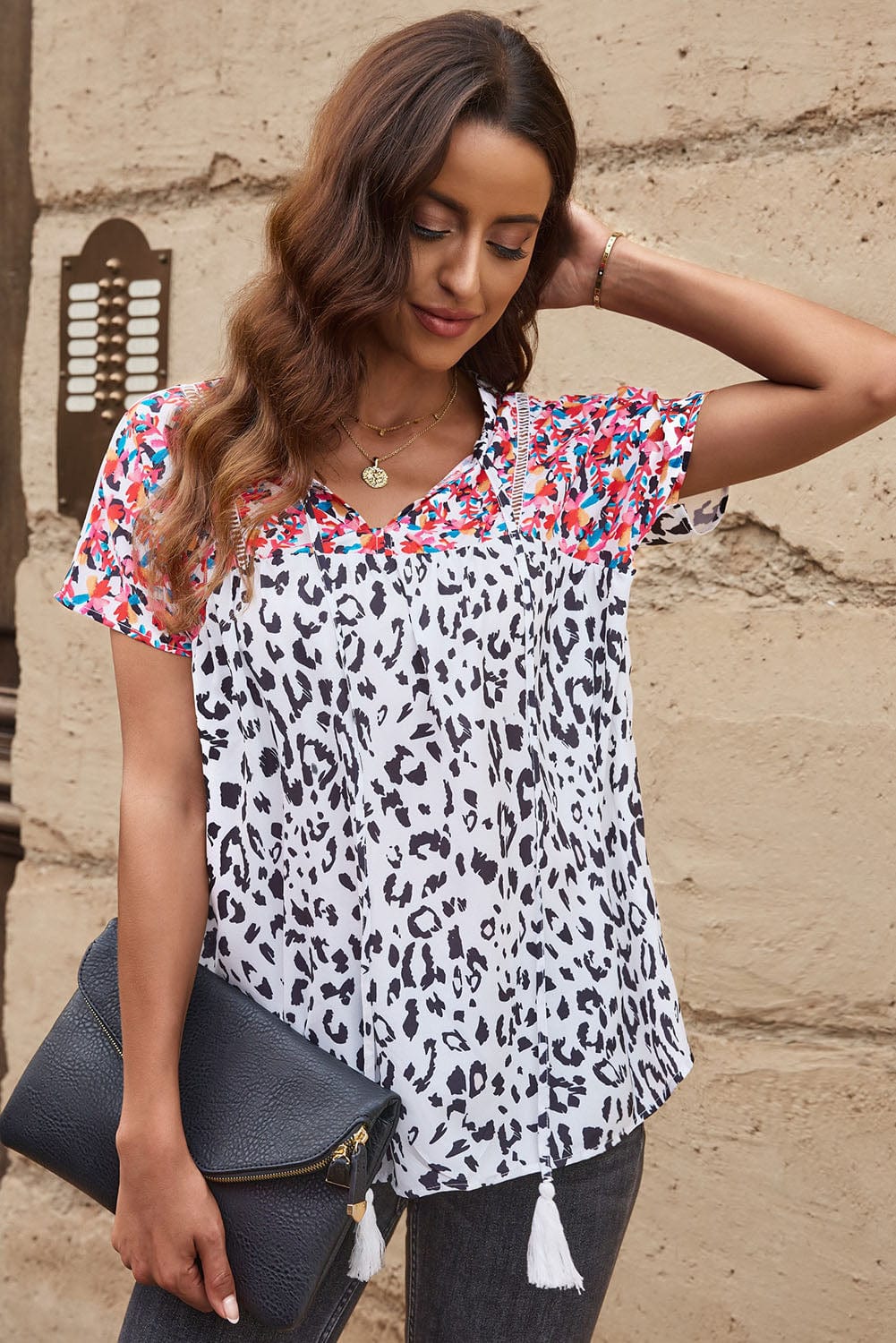 Leopard Patchwork V-Neck Tassel Blouse