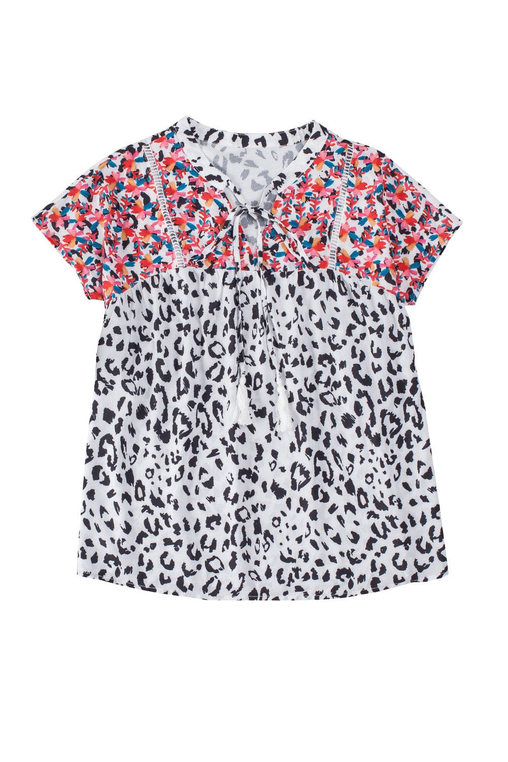 Leopard Patchwork V-Neck Tassel Blouse