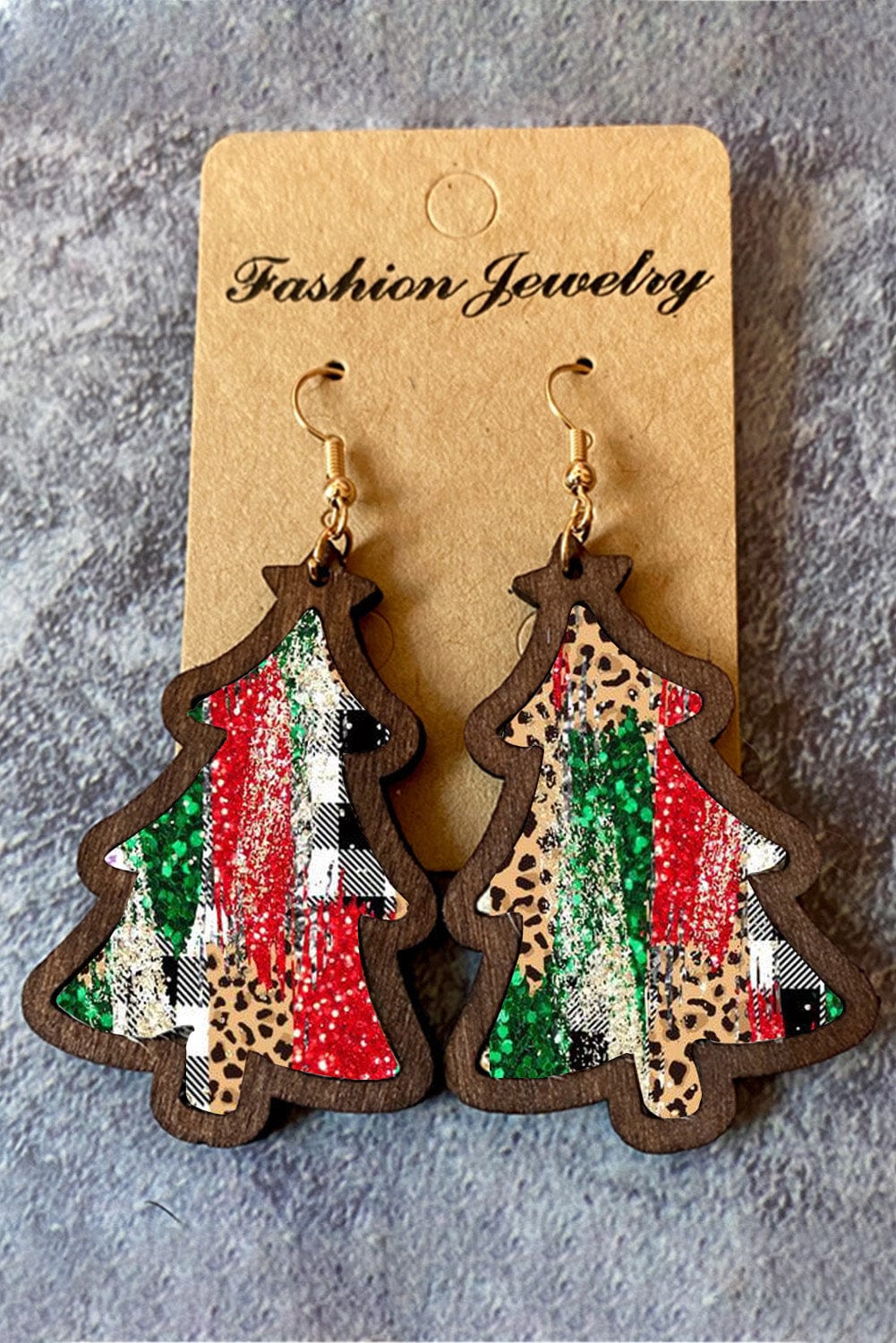 Leopard Plaid Christmas Tree Earrings with Red Accents