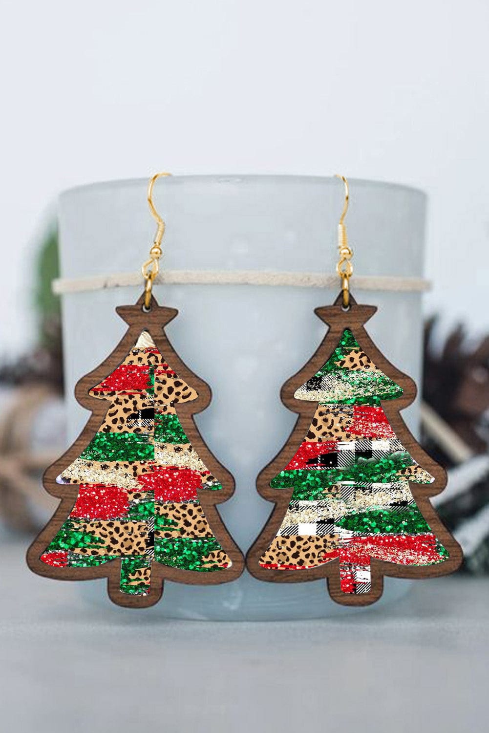 Leopard Plaid Christmas Tree Earrings with Red Accents