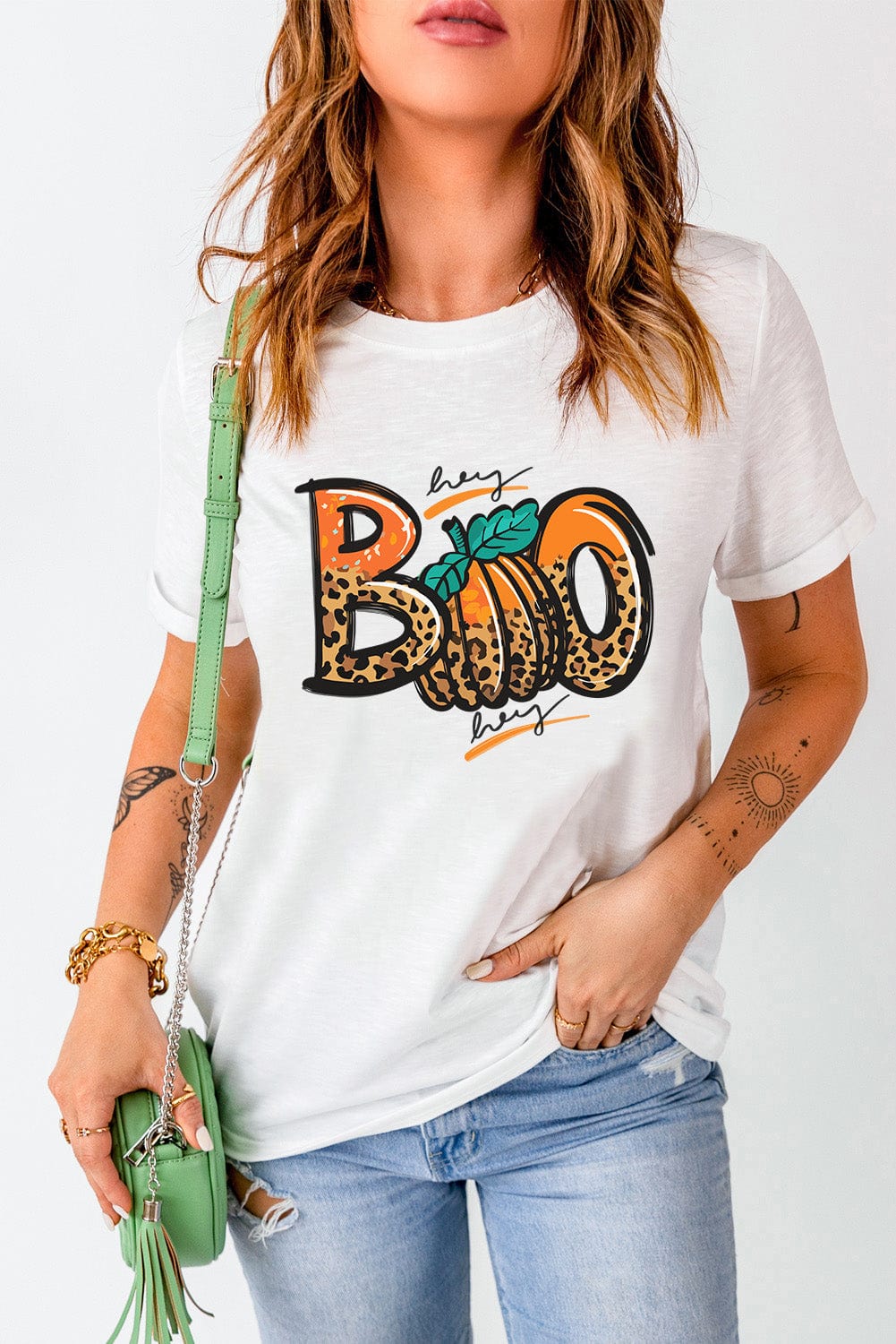 Leopard Print "Boo" Crew Neck White Tee for Halloween