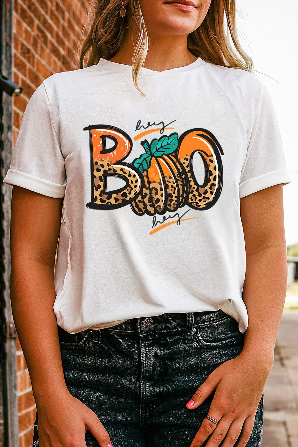 Leopard Print "Boo" Crew Neck White Tee for Halloween