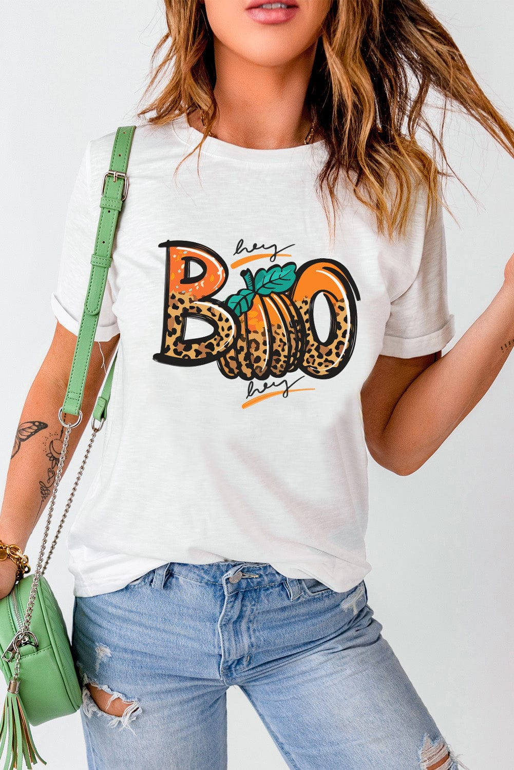 Leopard Print "Boo" Crew Neck White Tee for Halloween