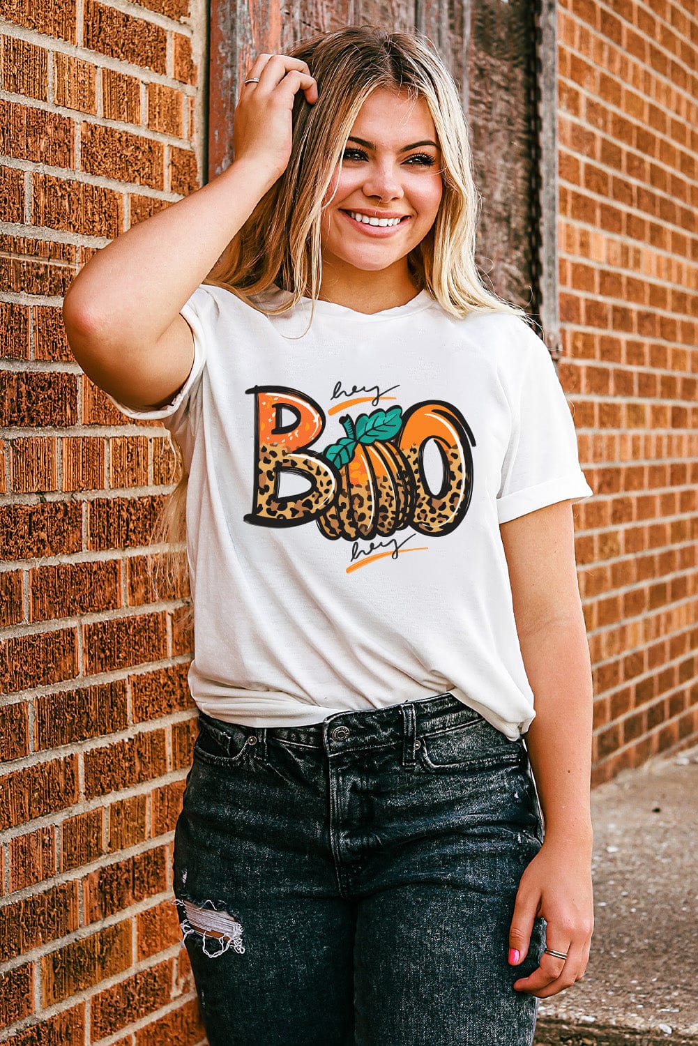 Leopard Print "Boo" Crew Neck White Tee for Halloween