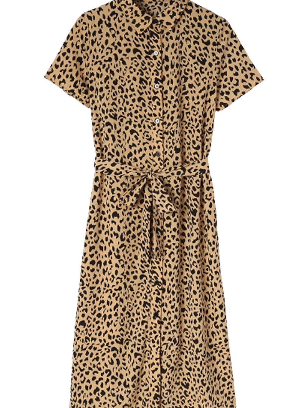 Leopard Print Khaki Midi Dress with Turn-Down Collar