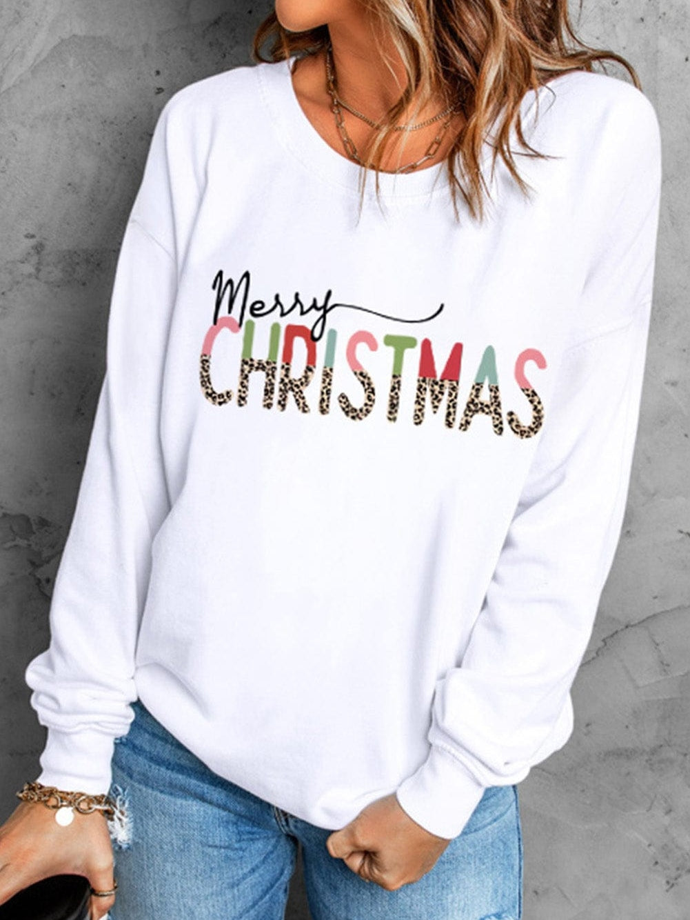 Leopard Print "Merry Christmas" White Long Sleeve Sweater