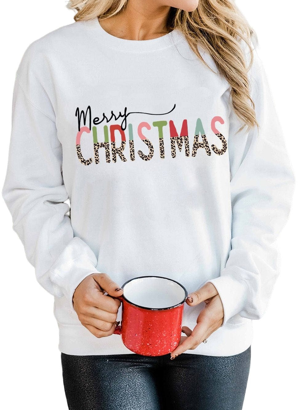 Leopard Print "Merry Christmas" White Long Sleeve Sweater