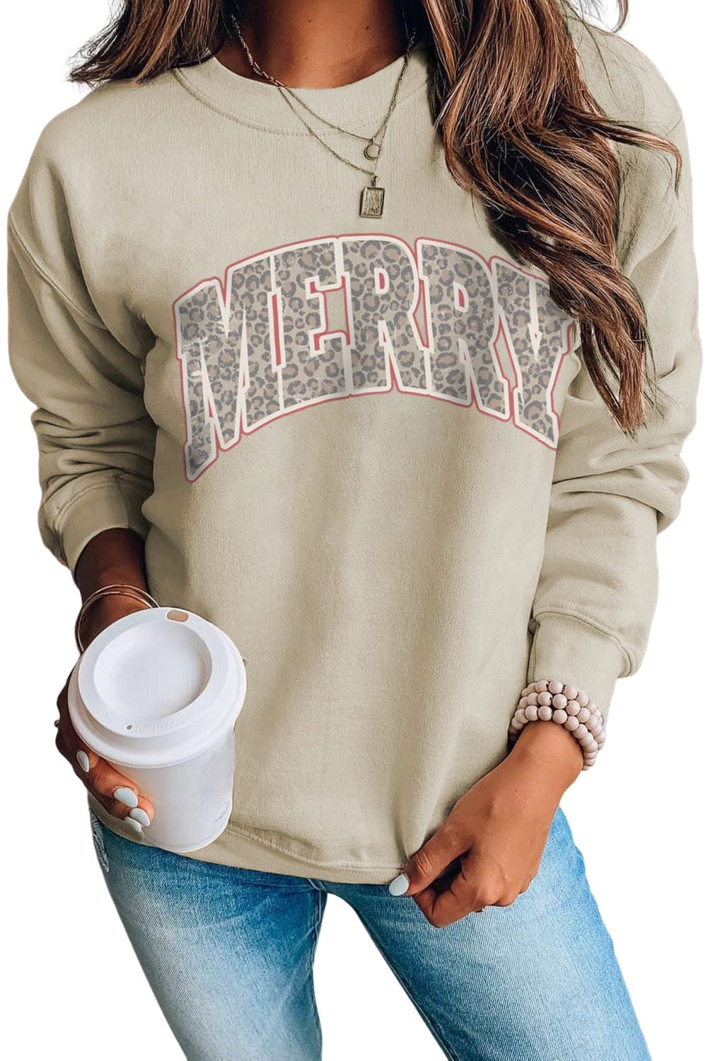 Leopard Print "MERRY" Khaki Graphic Sweatshirt