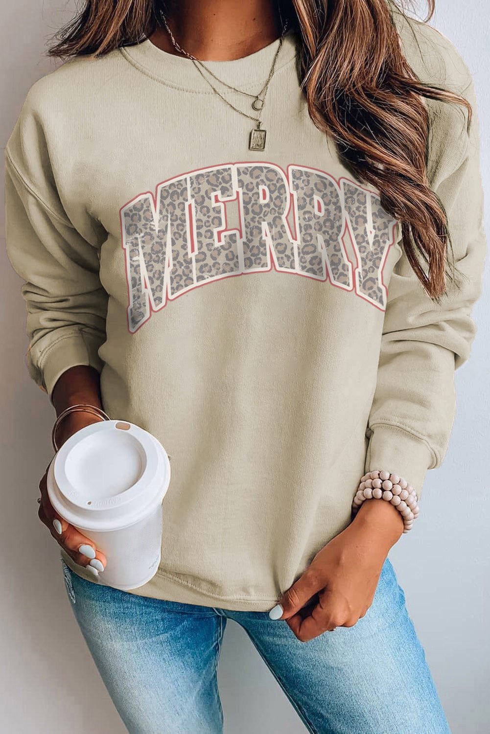 Leopard Print "MERRY" Khaki Graphic Sweatshirt