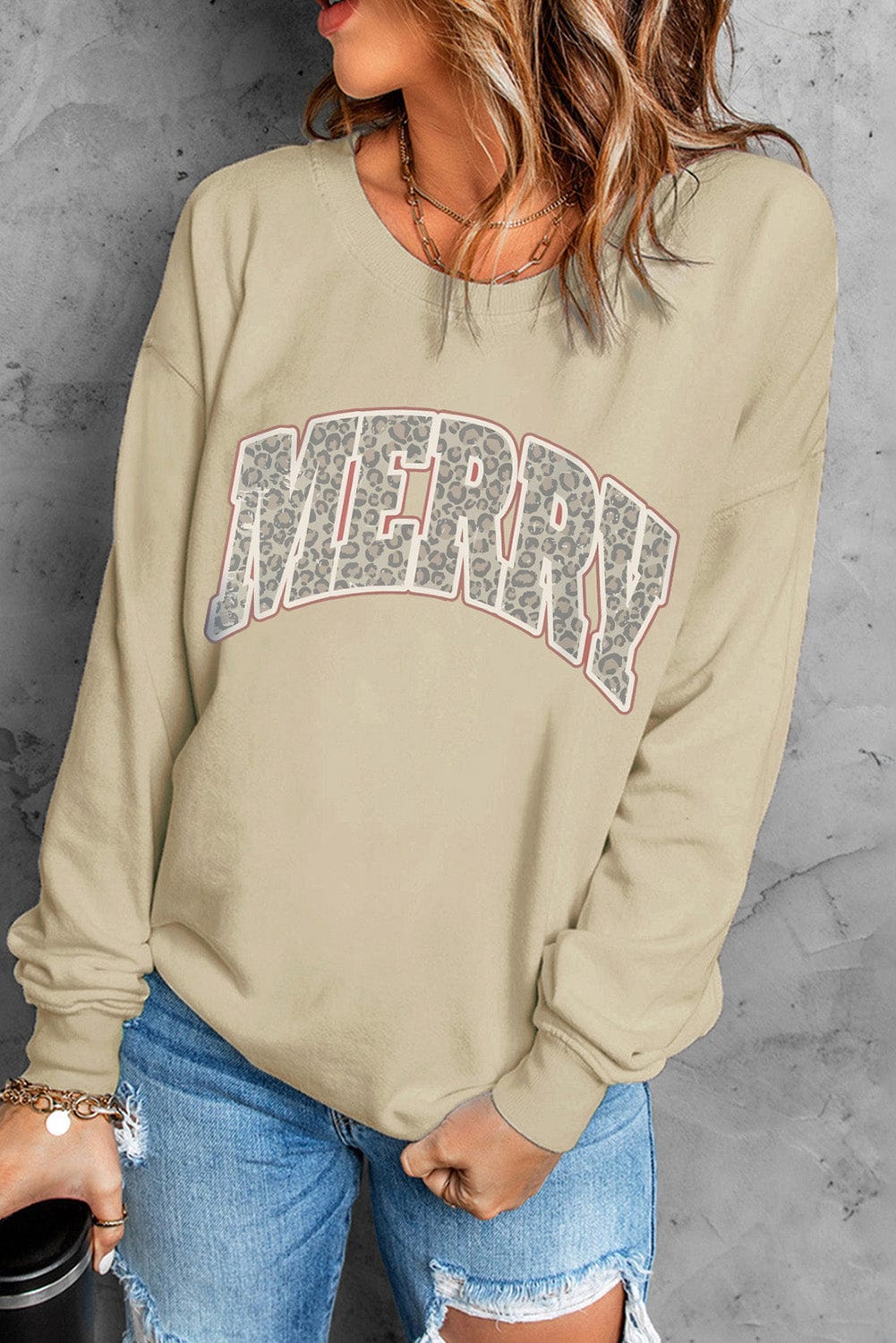 Leopard Print "MERRY" Khaki Graphic Sweatshirt
