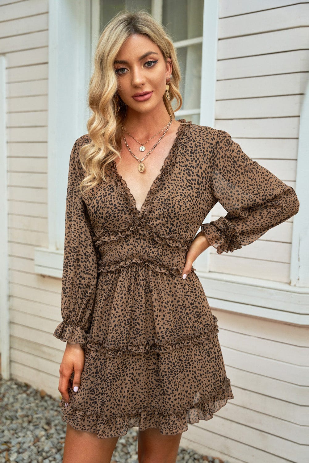 Leopard Print Ruffle Backless Floral Mini Dress