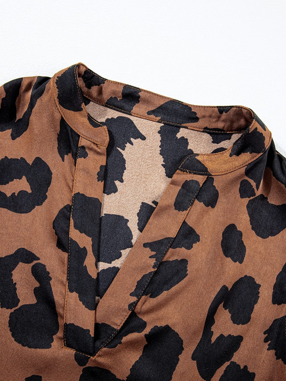Leopard Print Split Neck Ruffle Sleeve Brown Blouse