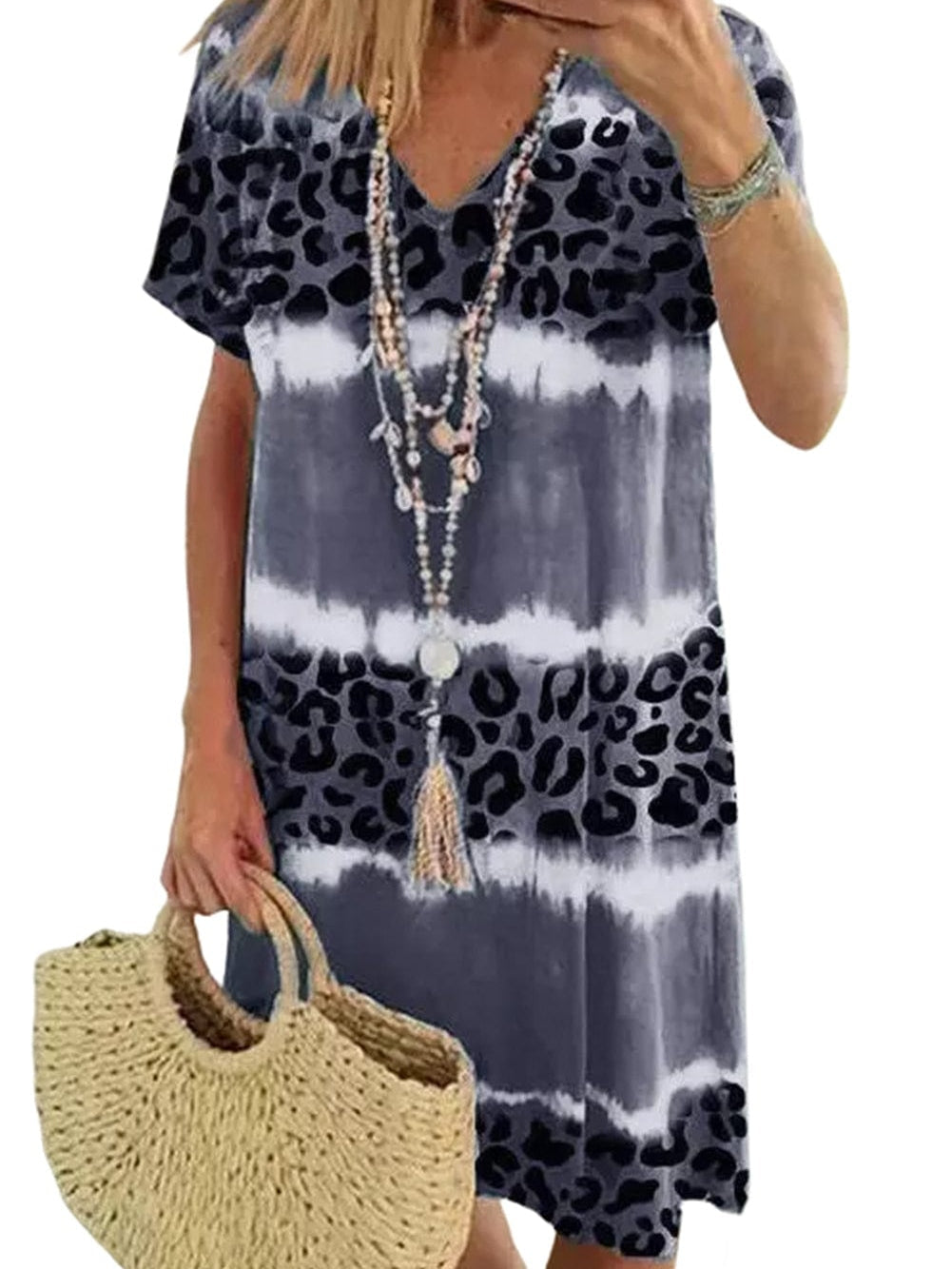 Leopard Print V-Neck T-shirt Dress with Tie-Dye Detail