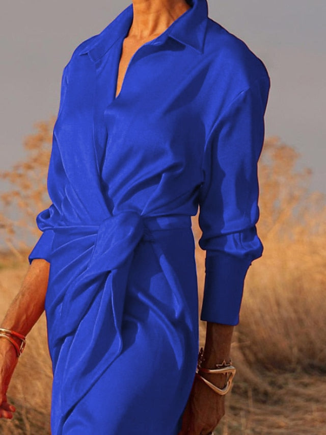 Women's Dress - Shirt Dress Party Dress Shift Dress Long Dress Maxi Dress Black Red Blue Long Sleeve Pure Color Lace up Summer Spring V Neck Elegant Party Winter Dress Evening Party 2023 S M L XL XXL