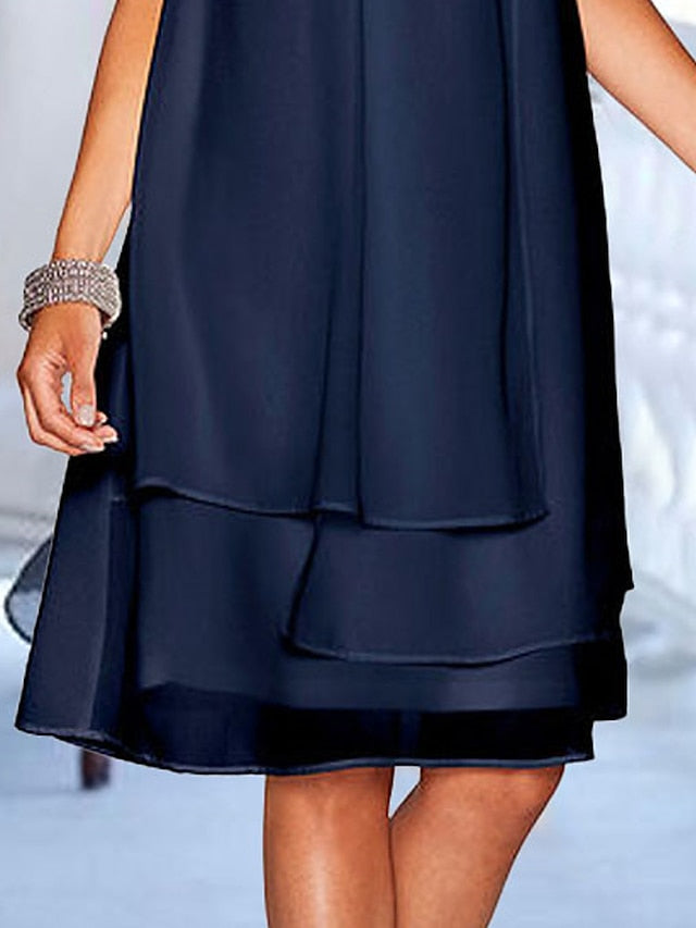 Women's Dress - Party Dress Cocktail Dress Shift Dress Office Holiday Wedding Guest Midi Dress Party Stylish Crew Neck Sleeveless Sequins Layered Dark Blue Pure Color S M L XL 2XL