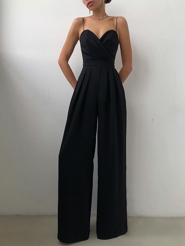 Women's Summer V Neck Spaghetti Straps Elegant Wedding Party Jumpsuit High Waist Wide Leg Pleated Long Pants Casual Rompers with Pockets - LuckyFash™
