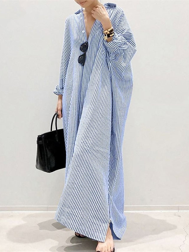 Women's Dress - Casual Dress Cotton Dress Shift Dress Maxi long Dress Cotton Basic Casual Outdoor Winter Dress Daily Shirt Collar Button Split Long Sleeve Summer Winter Fall Spring 2023 Black White Blue
