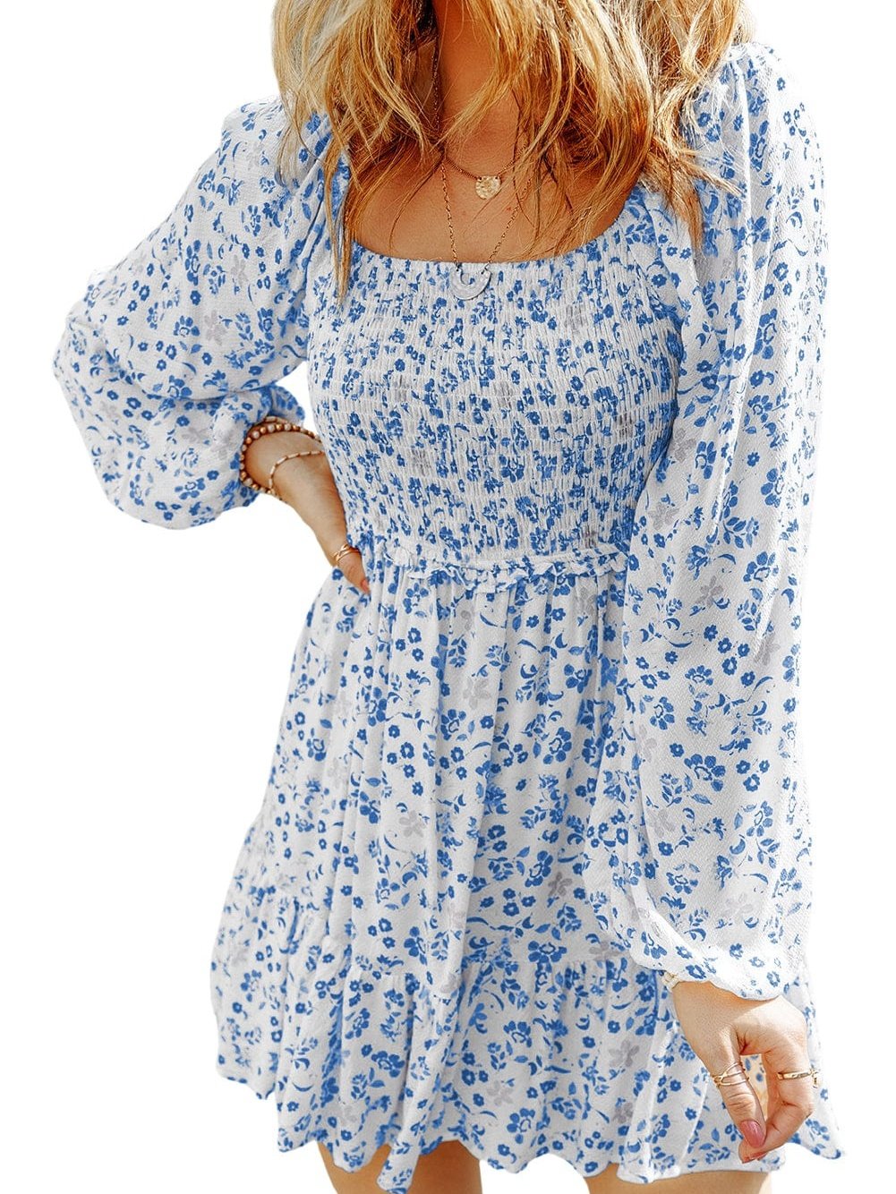 Light Blue Smocked Floral Mini Dress with Puff Sleeves