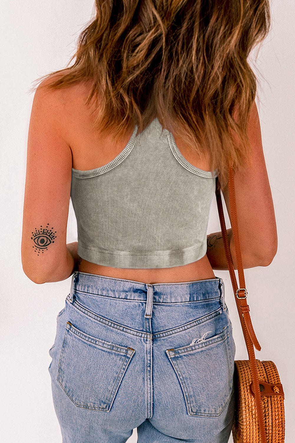 Light Gray Ribbed Mineral Wash Racerback Crop Top with a Twist