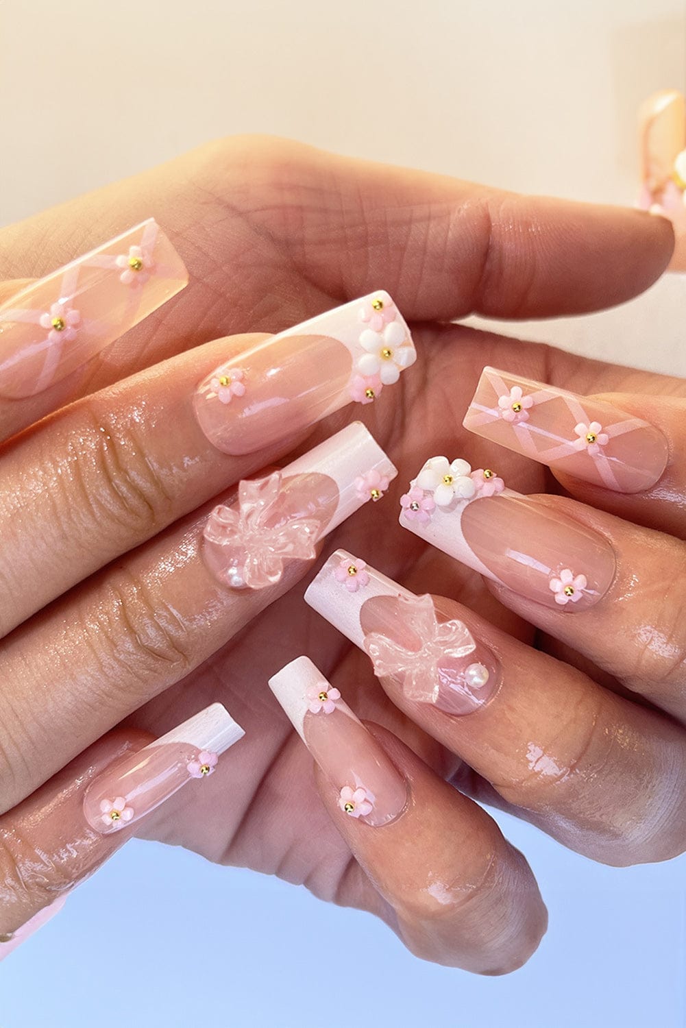Light Pink French Floral Bowknot Nail Sticker Set