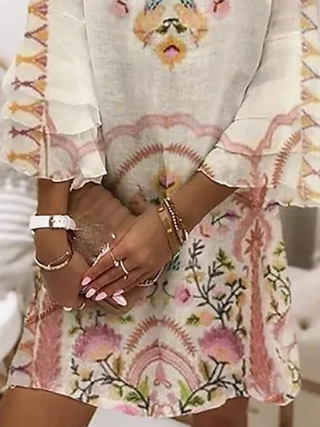 Women's Dress - Casual Dress Mini Dress Beige 3/4 Length Sleeve Floral Ruched Summer Spring V Neck Casual 2023 S M L XL XXL 3XL