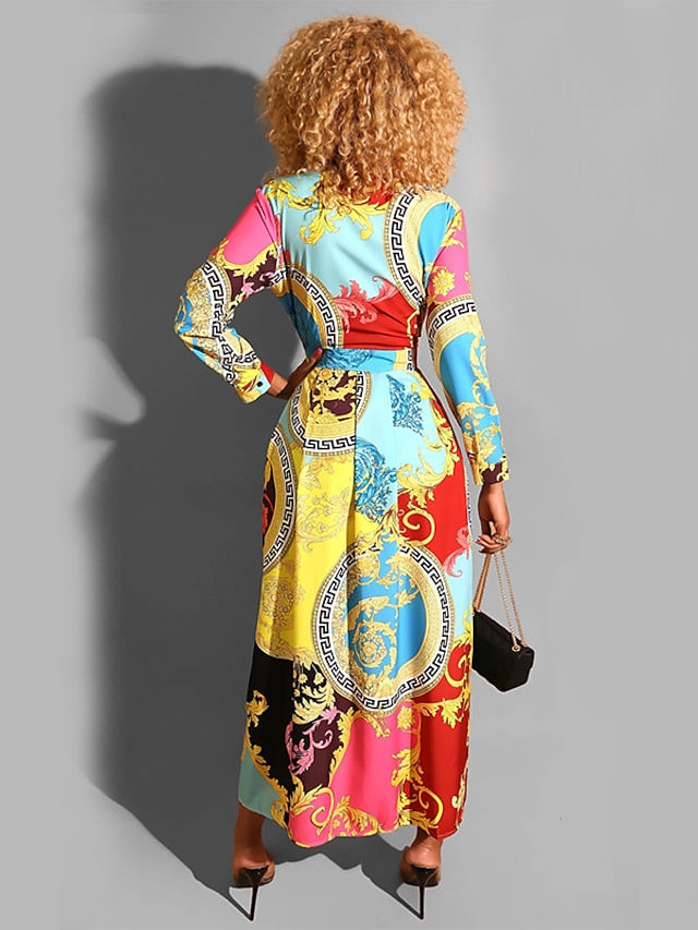 Women's Dress - Long Dress Maxi Dress Blue Light Blue Long Sleeve Geometric Shirt Collar Hot Winter Dress Fall Dress Slim S M L XL XXL