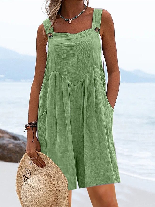 Jumpsuits for Women Summer Overall Pocket Solid Color Square Neck Basic Daily Vacation Regular Fit Sleeveless Black Yellow Pink S M L - LuckyFash™