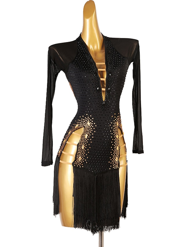 Latin Dance Dress Tassel Crystals / Rhinestones Women's Performance Long Sleeve Chinlon Mesh - LuckyFash™