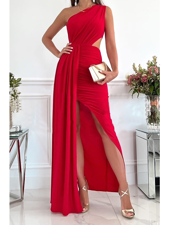 Women's Dress - Party Dress Long Dress Maxi Dress Green Red Beige Sleeveless One Shoulder Pure Color Patchwork Spring Summer Dress 2023 S M L XL XXL