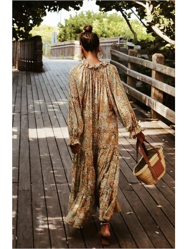 Women's Dress - Casual Dress Swing Dress Long Dress Maxi Dress Boho Dress Khaki Long Sleeve Floral Print Spring Summer Dress V Neck Dress Loose Fit S M L XL XXL 3XL