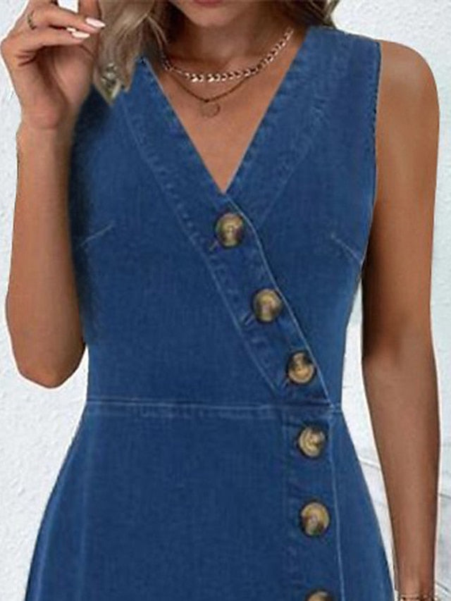 Women's Dress - Denim Dress Work Dress Bodycon Midi Dress Denim Fashion Modern Outdoor Office Daily V Neck Button Sleeveless Summer Spring 2023 Loose Fit Black Blue Plain S M L XL 2XL