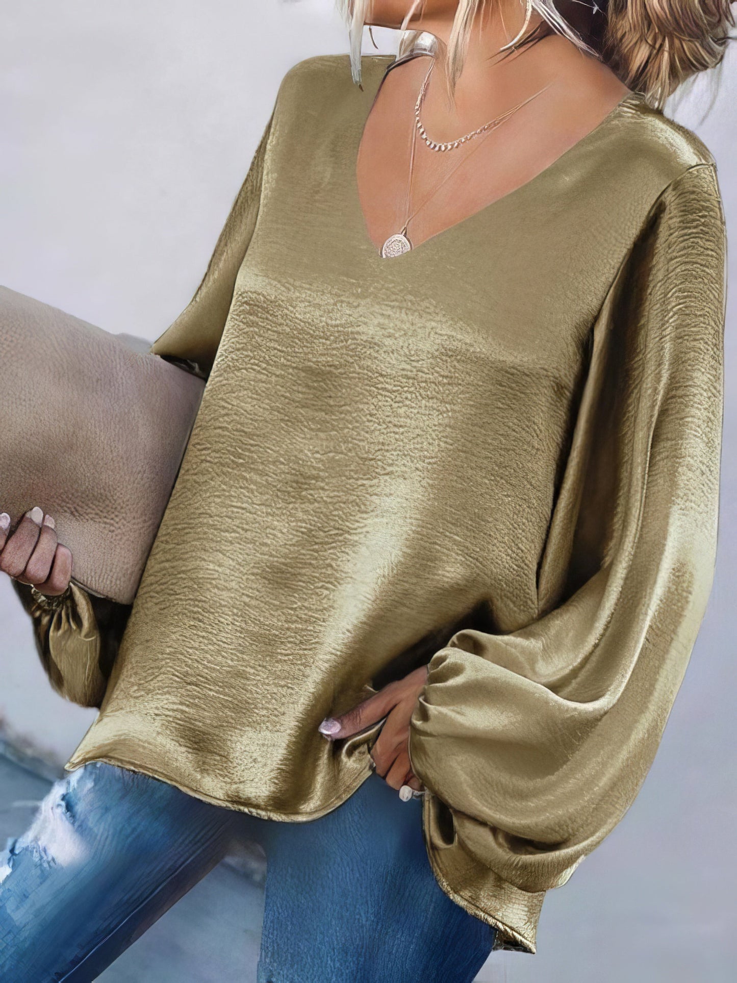 Solid V-neck Loose Fit Long Sleeve Blouse for Women