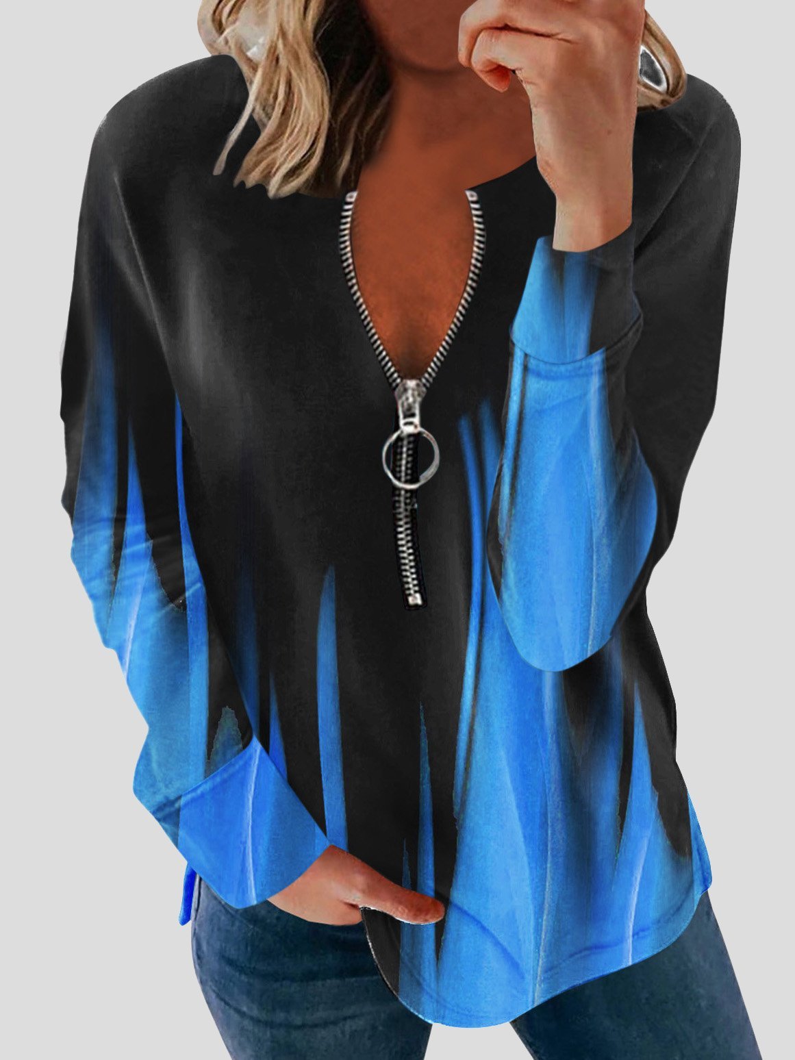 Blouses - Long Sleeve Printed Zipper Casual Blouses - MsDressly