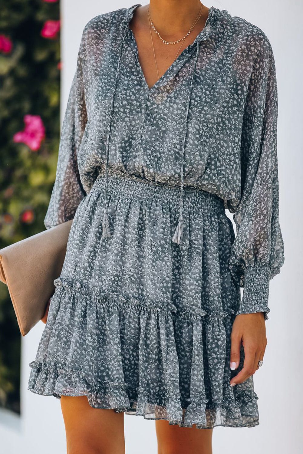 Loose Leopard Print V-neck Dress - Drop Shoulder- A-Line - Closed - Cape - Paneled