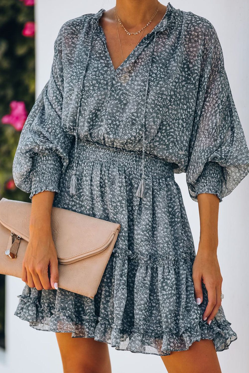 Loose Leopard Print V-neck Dress - Drop Shoulder- A-Line - Closed - Cape - Paneled
