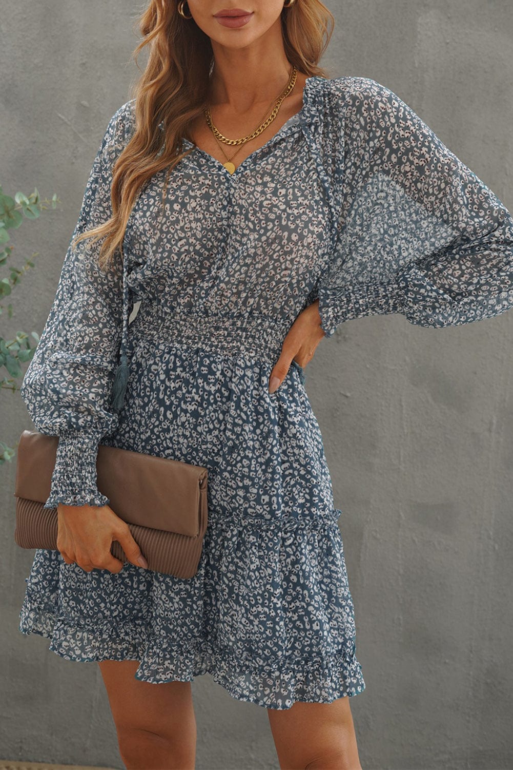 Loose Leopard Print V-neck Dress - Drop Shoulder- A-Line - Closed - Cape - Paneled