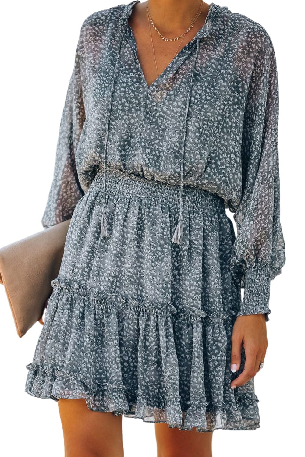 Loose Leopard Print V-neck Dress - Drop Shoulder- A-Line - Closed - Cape - Paneled
