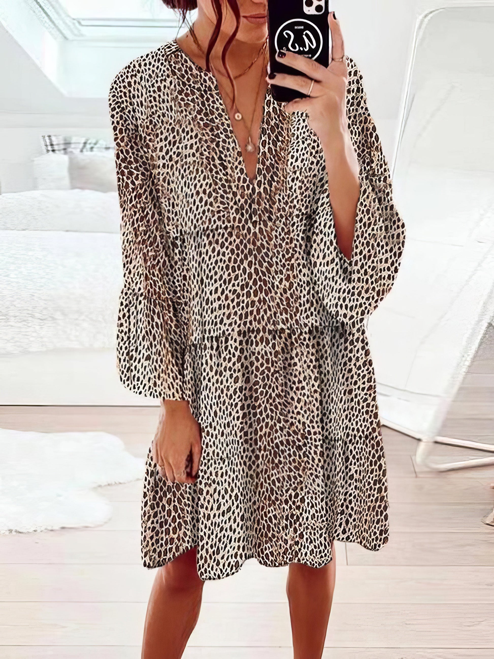 Mini Dresses - Loose Leopard Print V-neck Dress - MsDressly