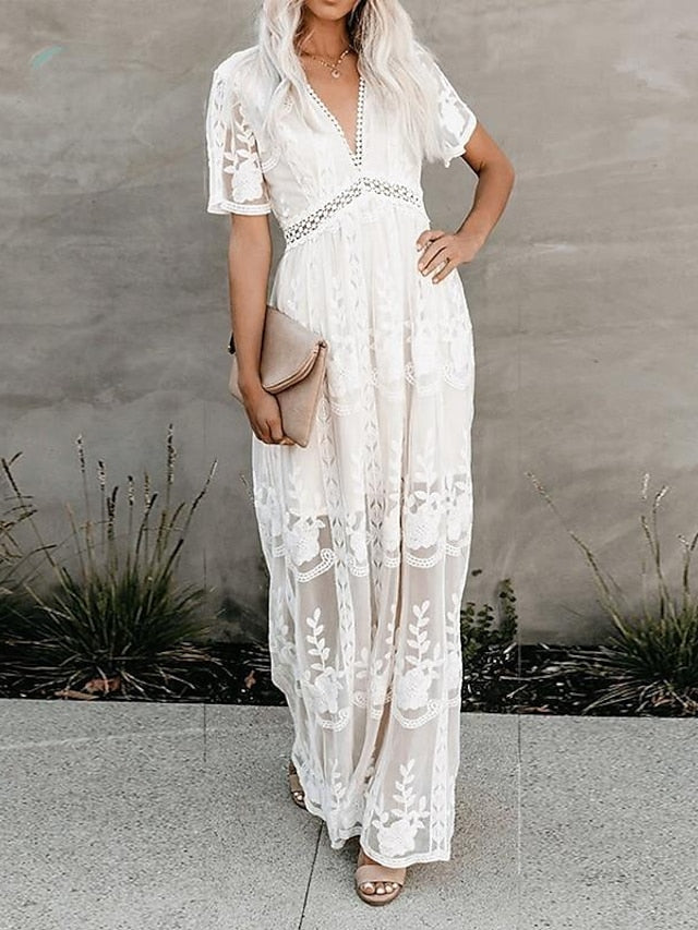Women's Dress - Party Dress Lace Dress Sheath Dress Long Dress Maxi Dress White Short Sleeve Pure Color Fall Spring Summer Deep V S M L XL XXL