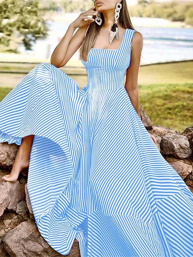 Women's Dress - Long Dress Maxi Dress Casual Dress Swing Dress A Line Dress Striped Basic Fashion Holiday Vacation Going out Ruffle Print Sleeveless Square Neck Dress Regular Fit Black Red Blue Spring Summer