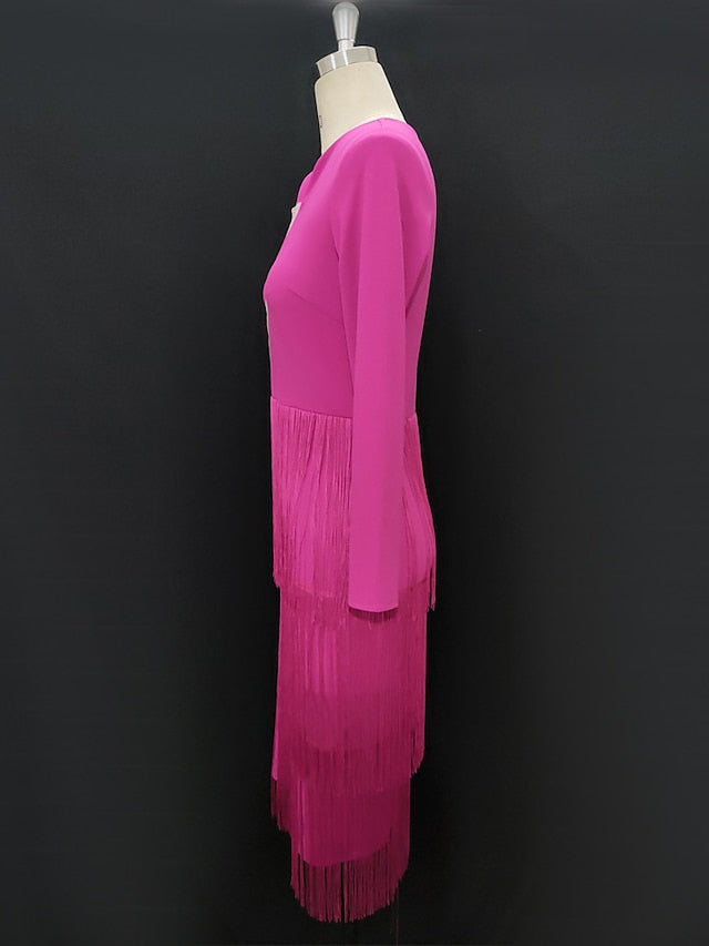 Women's Dress - Semi Formal Party Dress Fringe Dress Midi Dress Pink Long Sleeve Pure Color Tassel Fringe Winter Fall Autumn V Neck Stylish Winter Dress Fall Dress 2023 S M L XL XXL