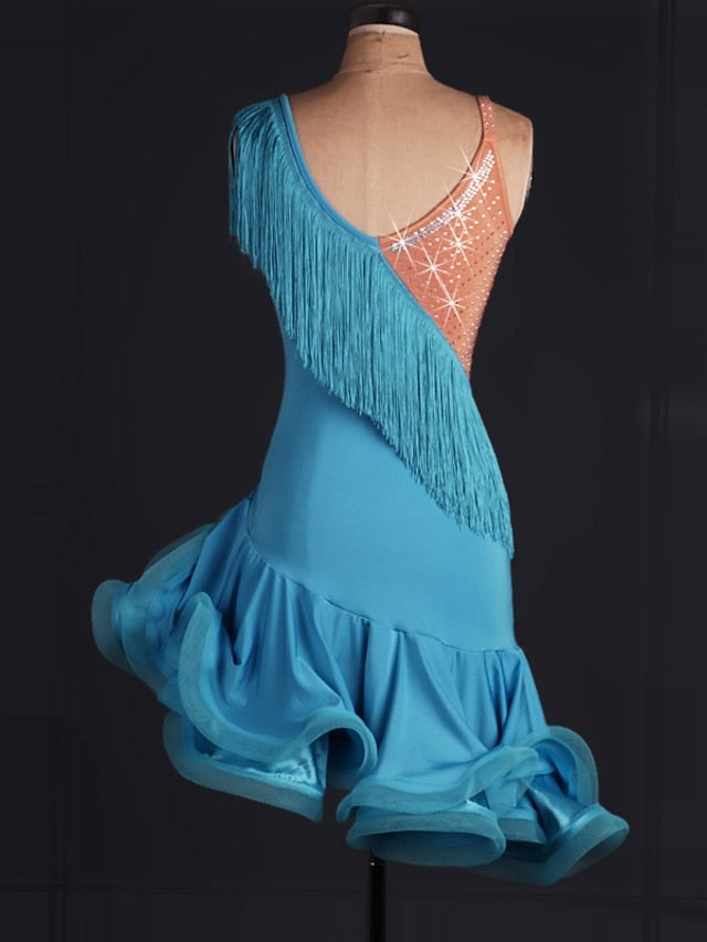 Latin Dance Dress Tassel Crystals / Rhinestones Women's Training Performance Sleeveless High Spandex Tulle - LuckyFash™