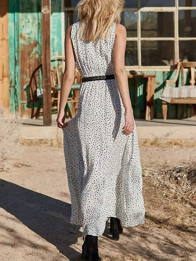Women's Dress - Casual Dress Swing Dress Boho Dress Long Dress Maxi Dress Light Blue Creamy-white Pink Short Sleeve Polka Dot Print Spring Summer V Neck Slim 2023 S M L XL XXL XXXL