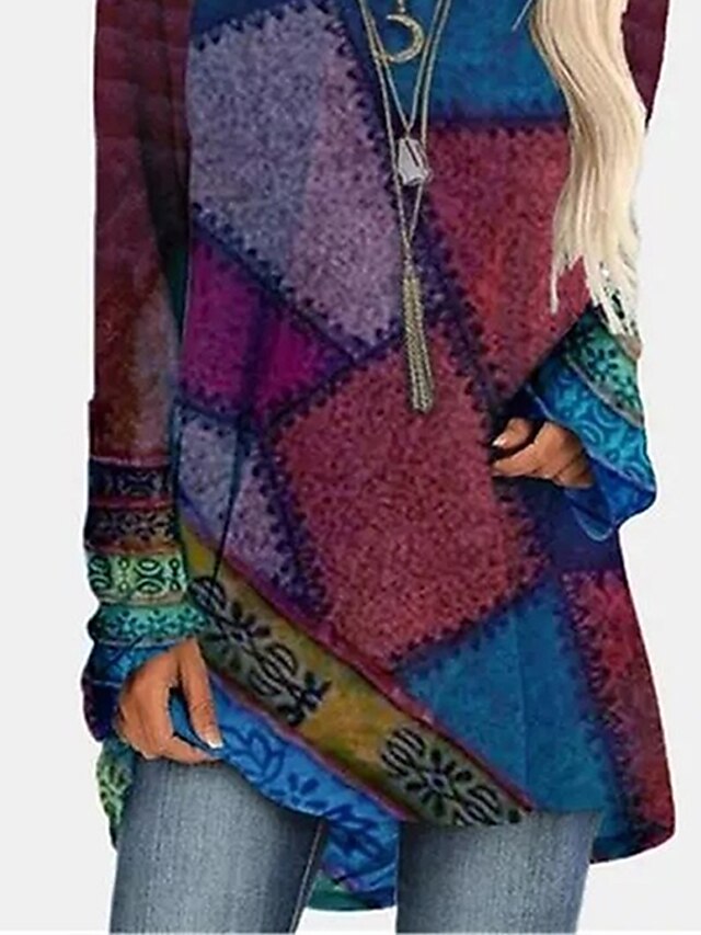 Women's Dress - T Shirt Dress Tee Dress Mini Dress Red Blue Green Long Sleeve Color Block Print Fall Spring Crew Neck Casual Winter Dress Fall Dress Loose Fit 2023 S M L XL 2XL 3XL