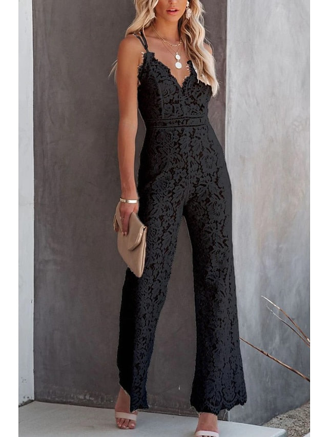 Women‘s Casual Party Street Holiday Deep V 2023 White Black Wine Jumpsuit Solid Color Zipper - LuckyFash™