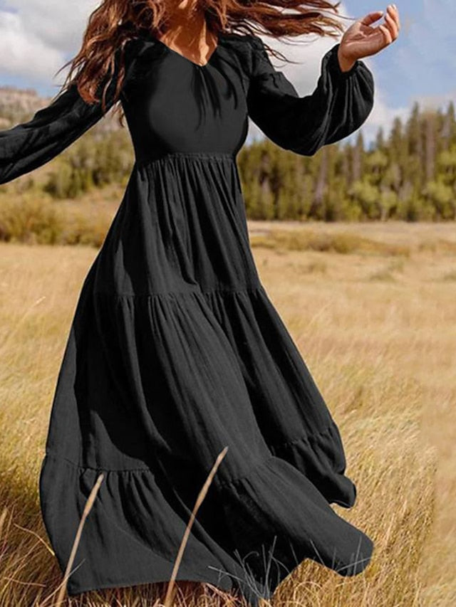Women's Dress - Swing Dress Long Dress Maxi Dress Dark Green Brown Black Long Sleeve Pure Color Ruched Pleated Patchwork Fall Spring V Neck Boho Casual Fall Dress Lantern Sleeve Loose Fit M L XL XXL XXXL 4XL
