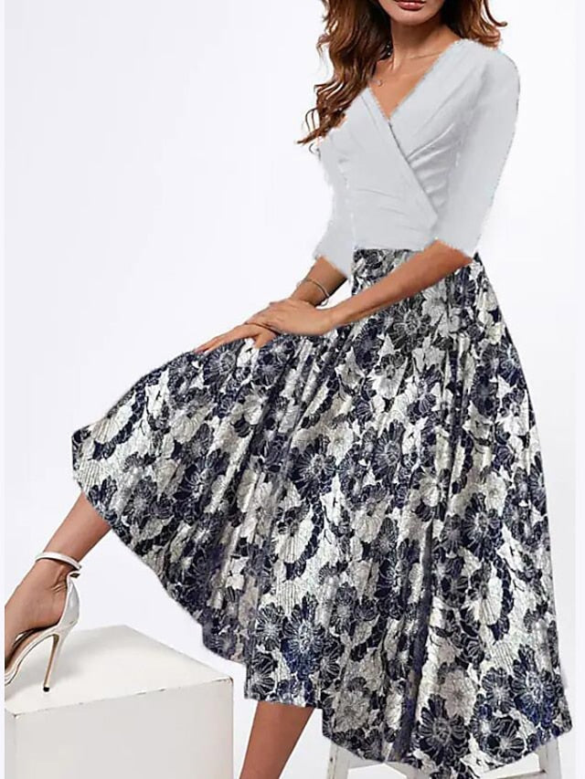 Women's Dress - Swing Dress A Line Dress Floral Dress Midi Dress Black White Gray Half Sleeve Floral Patchwork Summer Spring V Neck Fashion Vacation Loose Fit 2023 S M L XL XXL 3XL